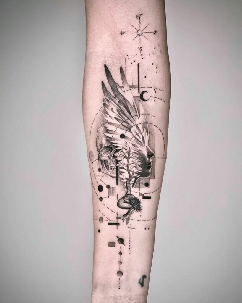 Artist checking geometric tattoo symmetry on client's arm using a flexible ruler.