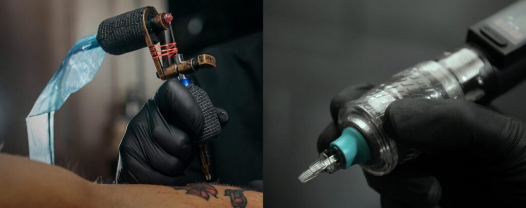 Artist tightening the grip on a rotary machine using a small wrench