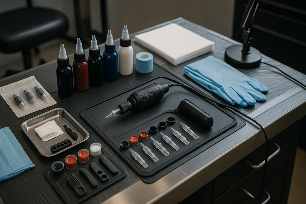 Tattoo artist opening a single-use sterile needle in front of client.