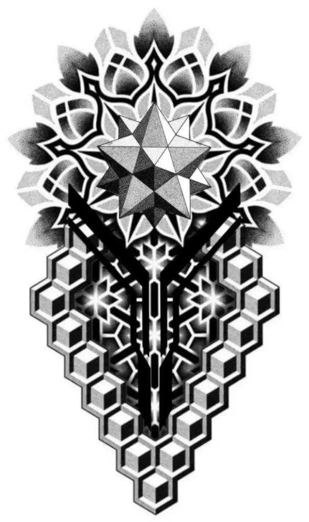 A geometric tattoo covered with a transparent aftercare film.