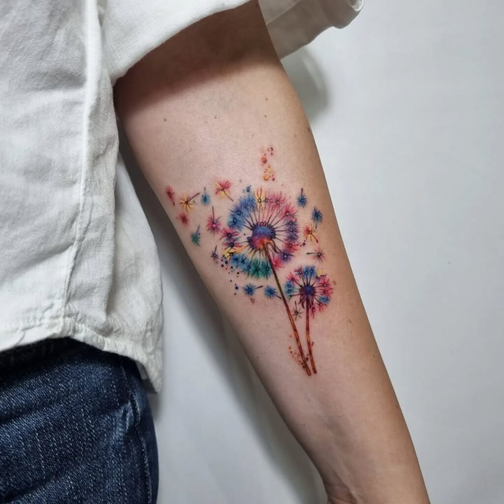 A fresh watercolor tattoo covered with a transparent aftercare film.