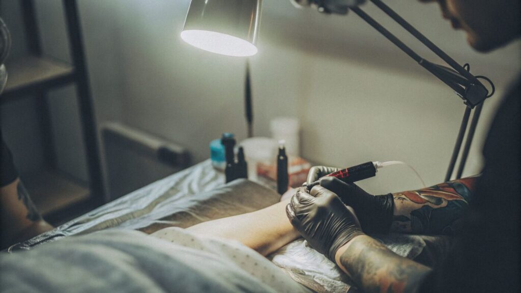 A tattoo artist applies a thin layer of moisturizer to a minimal tattoo.