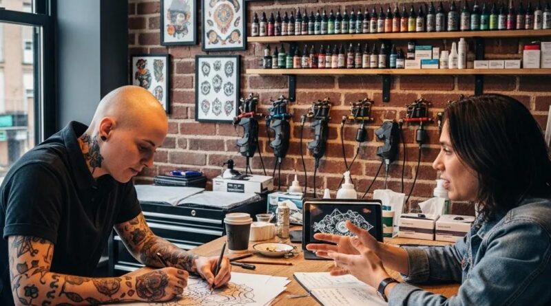 A tattoo artist discussing a watercolor design with a client at a consultation desk in a Vung Tau studio.