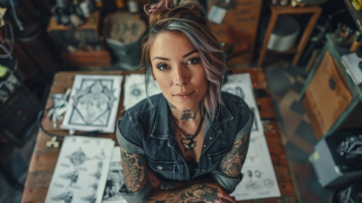 Tattoo artist sketching an oriental dragon design on paper