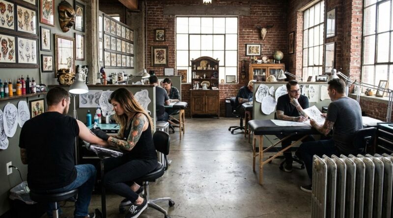 A tattoo artist sketching a minimal design on paper in a Hue studio.