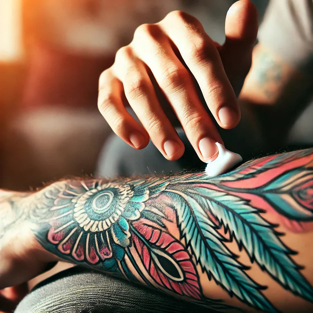 Applying fragrance-free moisturizer to a healed minimal tattoo on the wrist