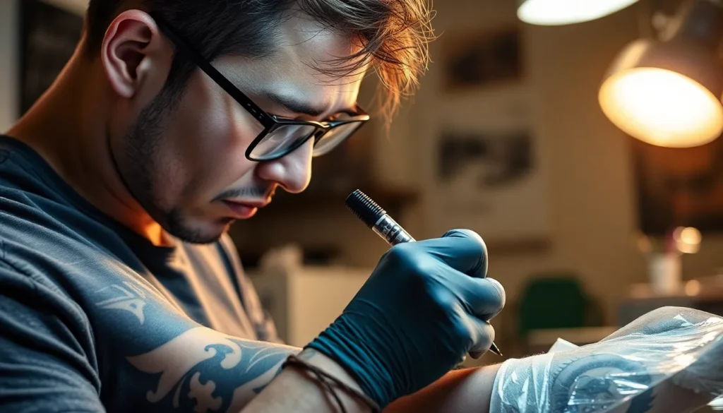 Close-up of a tattoo machine and ink caps filled with black and colored ink