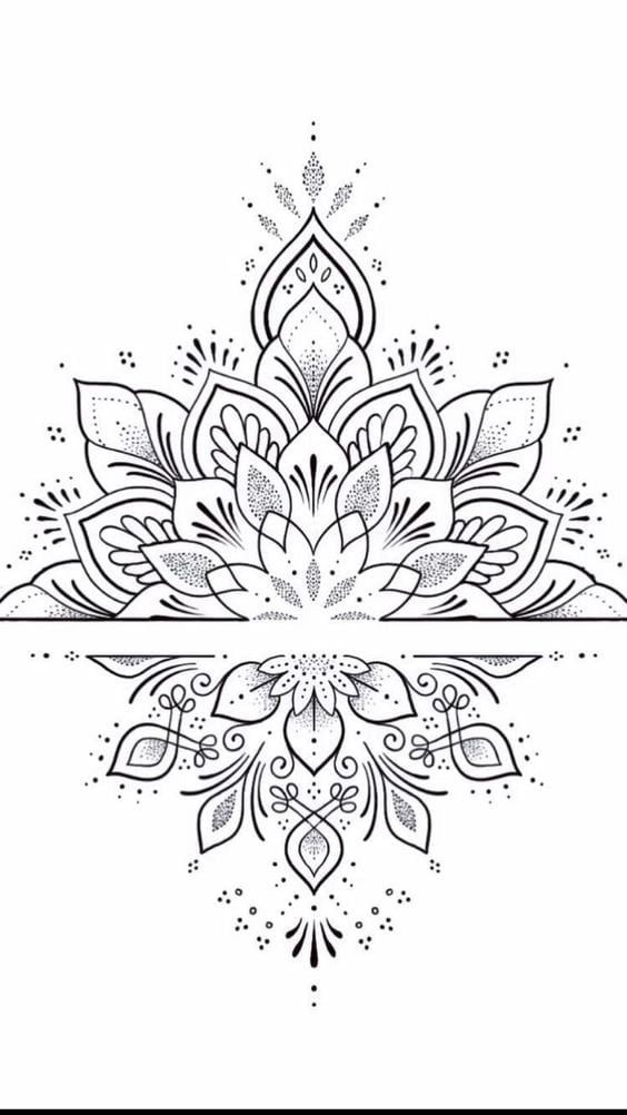 Tattoo consultation desk with ornamental design sketches and a tablet showing reference images.