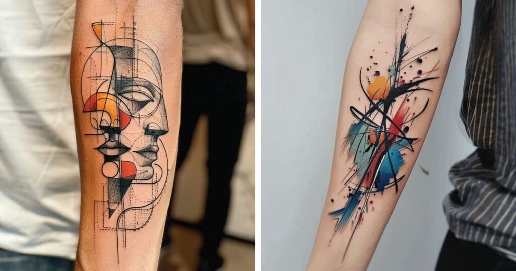 Side-by-side comparison of abstract, geometric, and watercolor tattoos