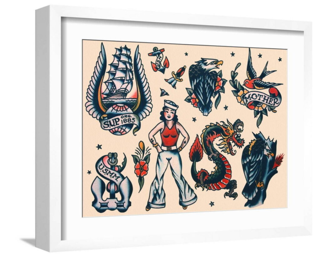 Một hình xăm blackwork đậm trên cẳng tay, kết hợp với áo phông in hình và quần jean rách.