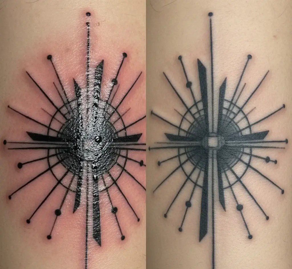Hình xăm blackwork hình học với các hoa văn khoảng trống âm bản