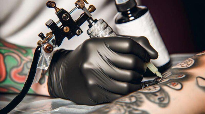 A tattoo artist in protective gear holds a safety-labeled ink bottle.