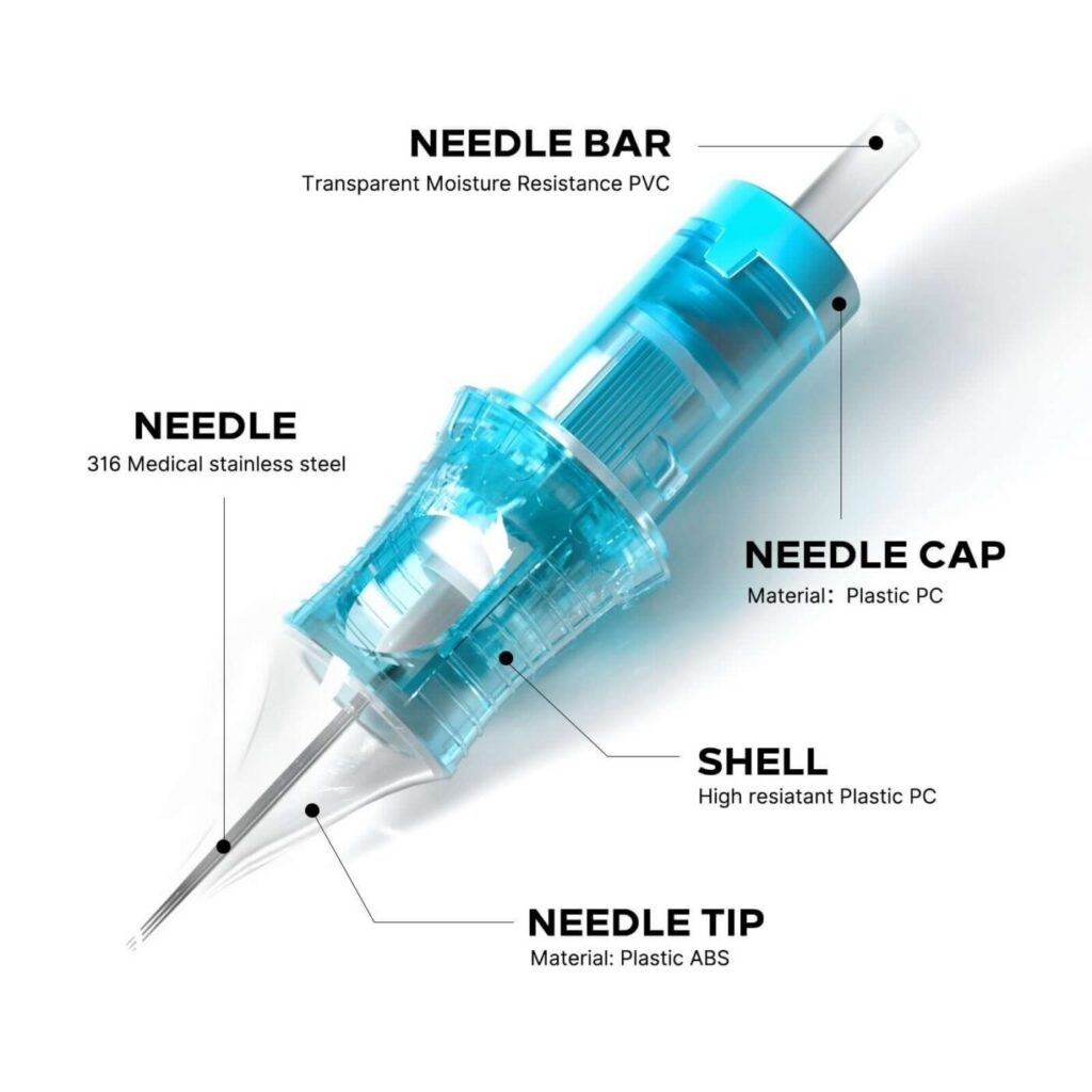 Comparison of long taper (left) and short taper (right) tattoo needles.