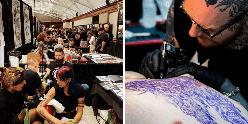 Tattoo artist shaking hands with a studio owner to confirm a guest spot