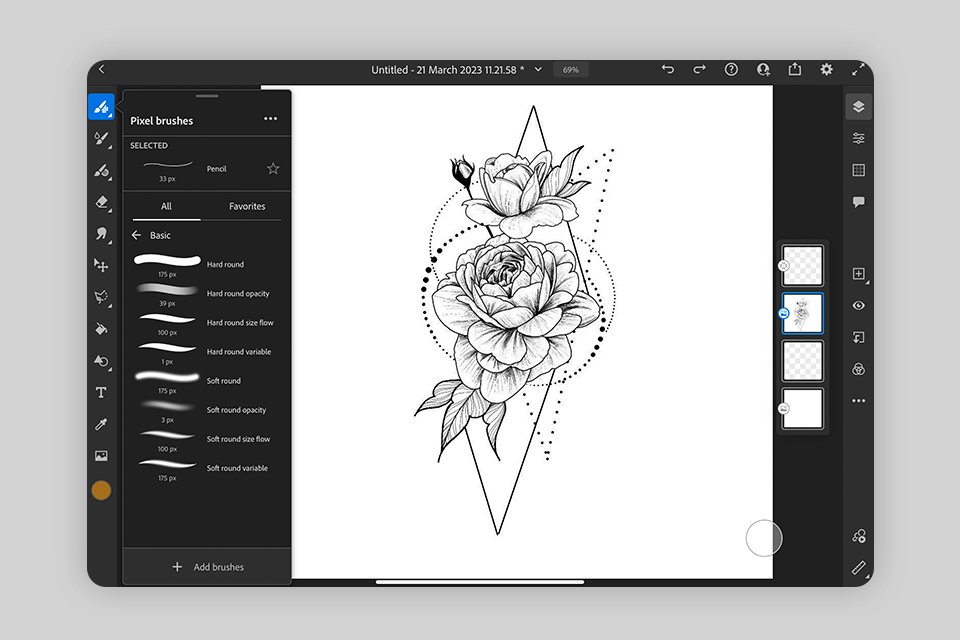A tattoo artist drawing a custom design on an iPad with a stylus.