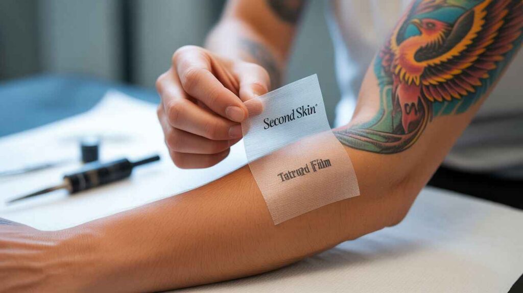 A person resting after a light workout, with a fresh tattoo covered by a breathable bandage.