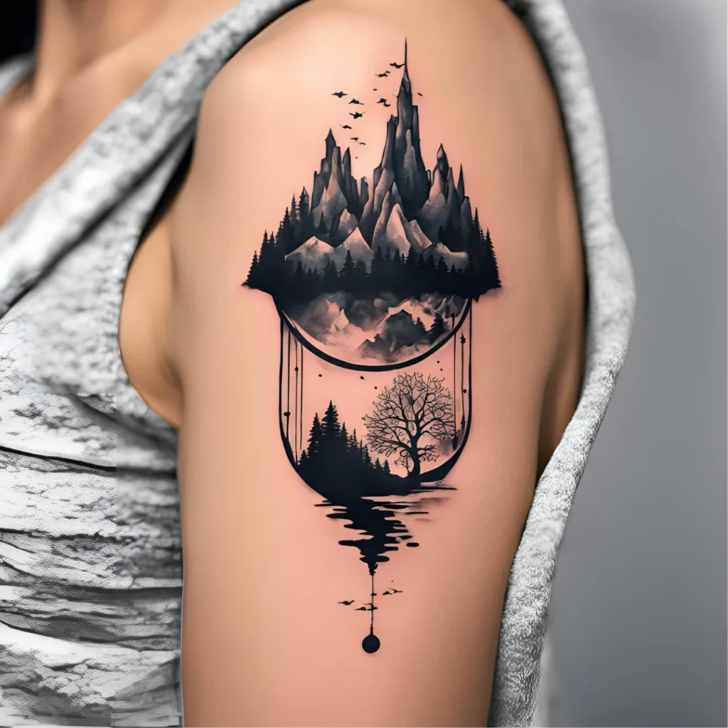 Close-up of fine line surrealism tattoo showing delicate details.