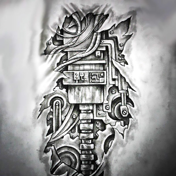 Tattoo consultation desk with biomechanical and surrealism sketches.