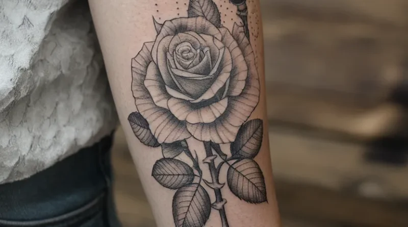 Close-up of a tattoo machine applying black ink to skin, showing needle and ink pool.