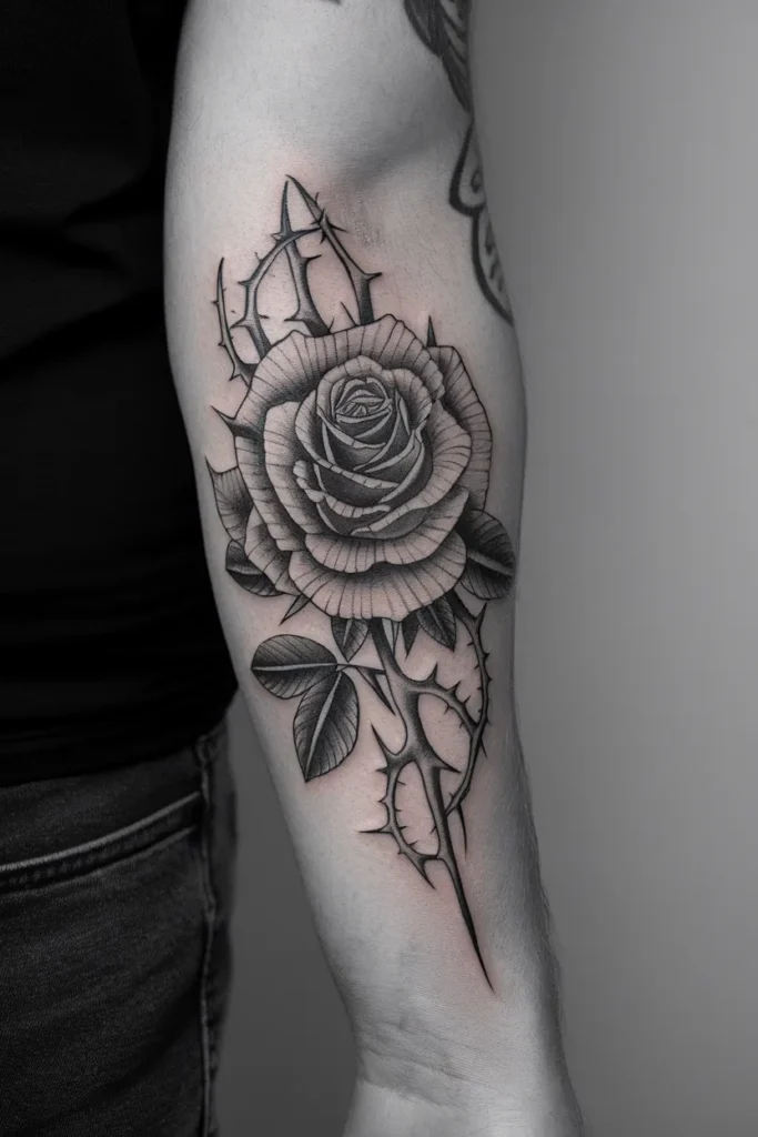 Stencil xăm được đặt trên vai cho thiết kế blackwork lớn, hiện rõ căn chỉnh.