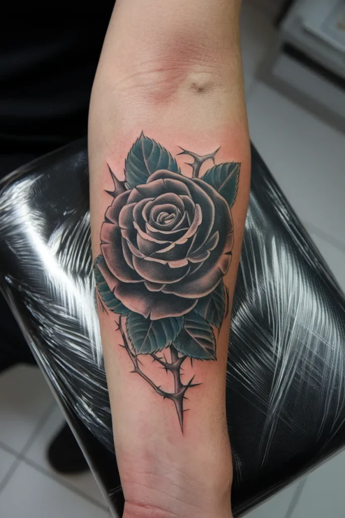 Healed blackwork tattoo on calf after one year, showing solid black and clear lines.