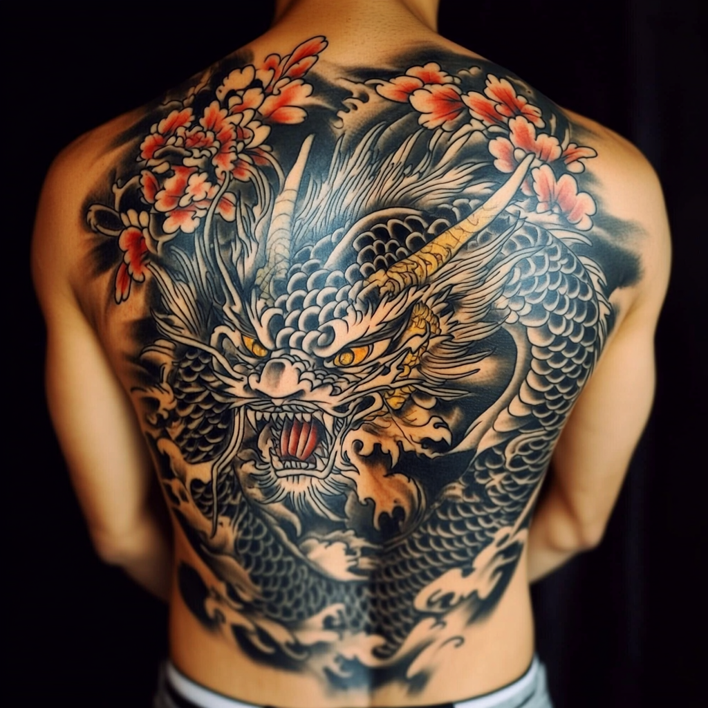 Một mảng lưng truyền thống Nhật Bản kinh điển với rồng và phượng hoàng, thể hiện đường viền đậm và yếu tố nền.