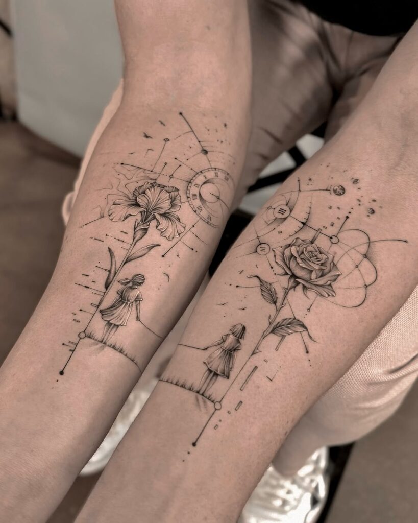 So sánh fine line tattoo mới xăm và sau 6 tháng lành.