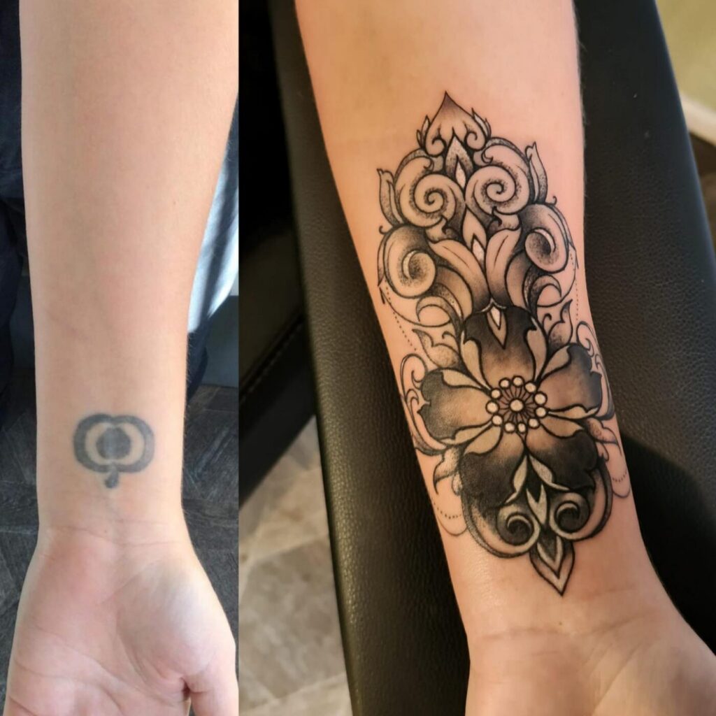 Healed cover-up tattoo on upper arm