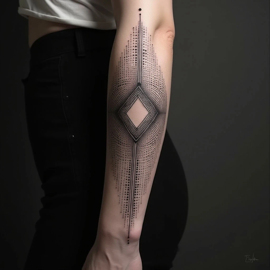 Tattoo consultation with dotwork design sketch.