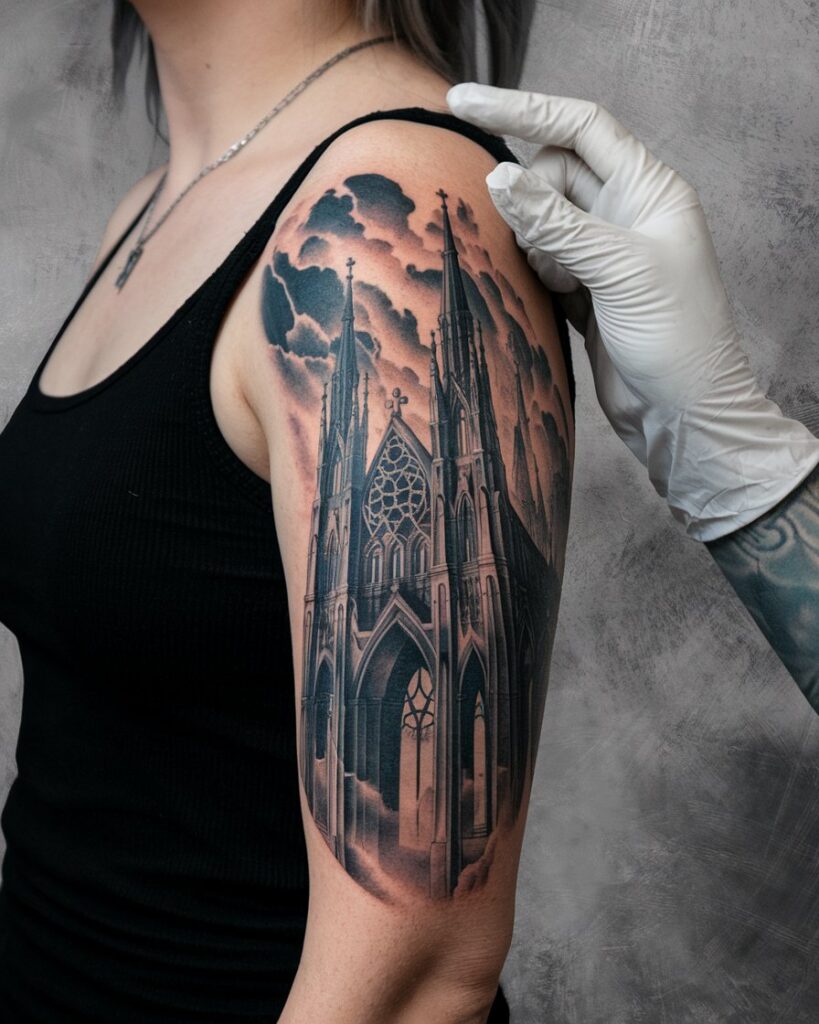 Graphic tattoo siêu thực với linework kiến trúc và bố cục nhiều lớp