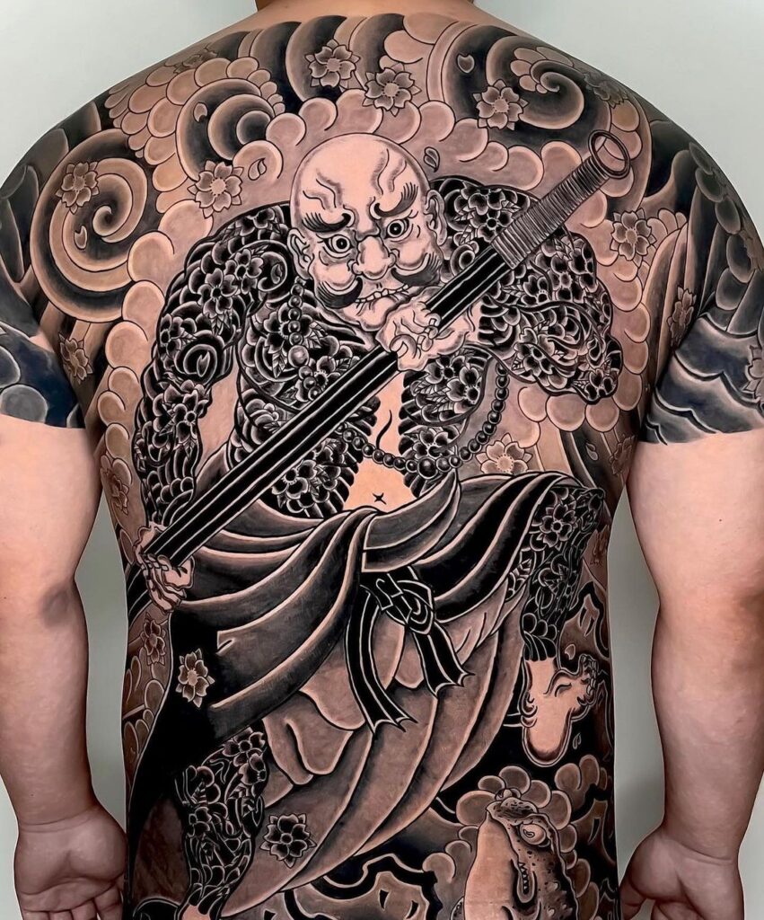 Wind bars and water waves used as background in Japanese traditional tattooing to create movement and depth.