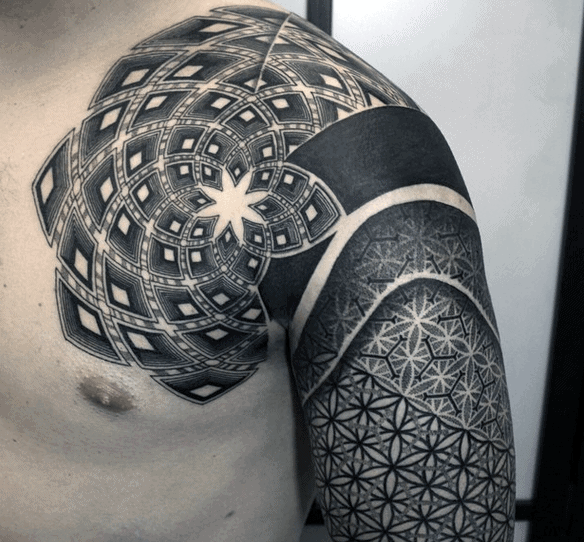 Close-up of a tattoo stencil on skin, showing a geometric design before tattooing.