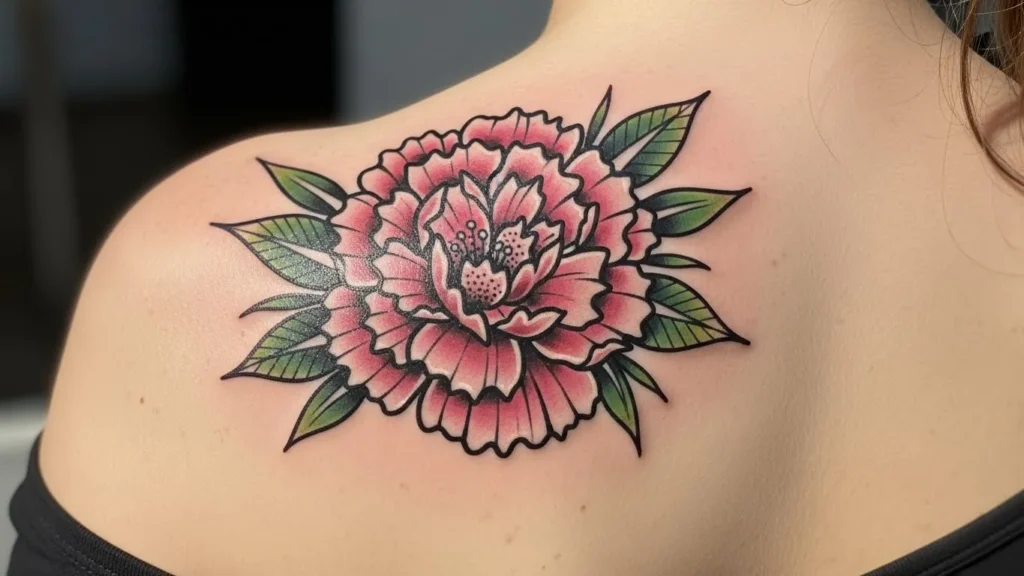 Hình xăm Neo-Traditional sau lành với đường nét đậm và độ tương phản màu rõ ràng