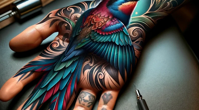A tattoo artist sketching a neo-traditional design on paper.