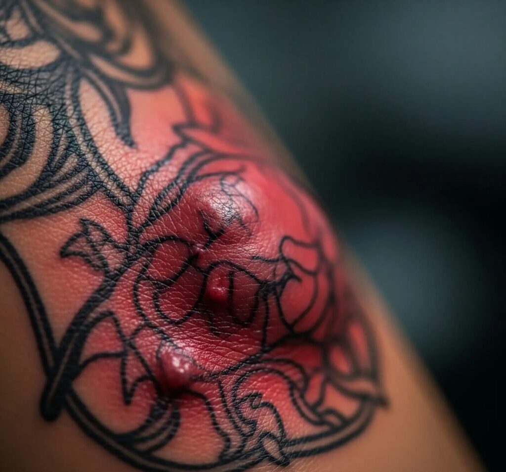 Tattoo artist examining a client's healing tattoo.