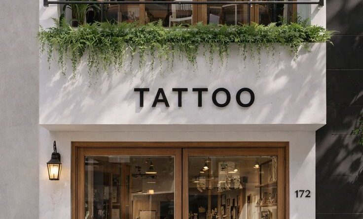Tattoo shop storefront with clear entrance and visible studio identity