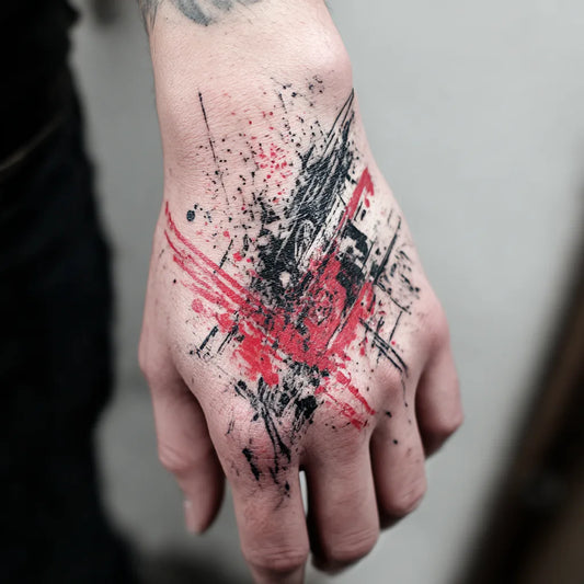 Detail of sketchwork tattoo showing uneven line weight and construction lines.
