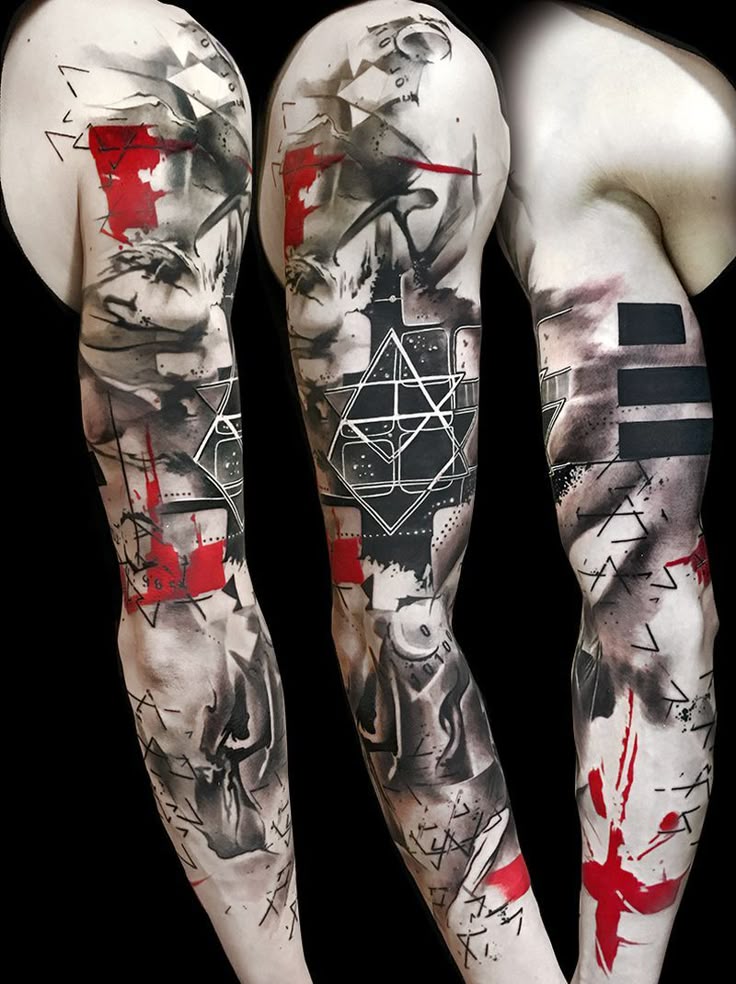 A hybrid tattoo combining Trash Polka and sketchwork elements.