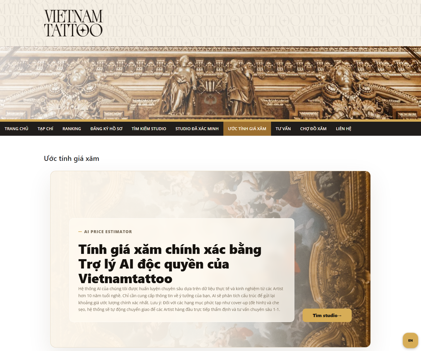 Giao diện công cụ tính giá xăm AI trên desktop của Vietnam Tattoo.