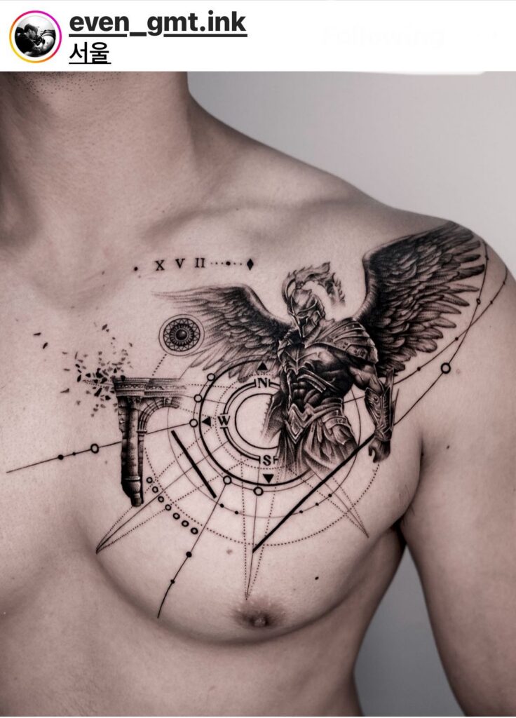 Graphic tattoo ngực với nhân vật có cánh và linework kiến trúc