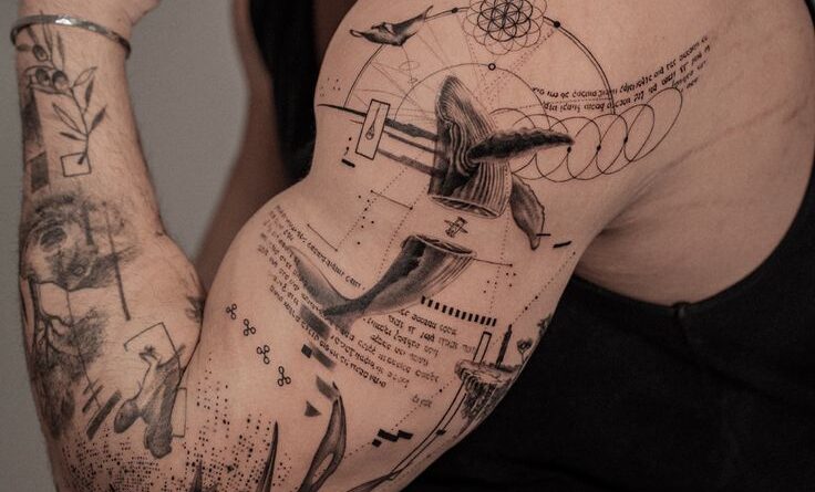 Graphic tattoo sleeve with collage composition, fine technical lines and symbolic contrast