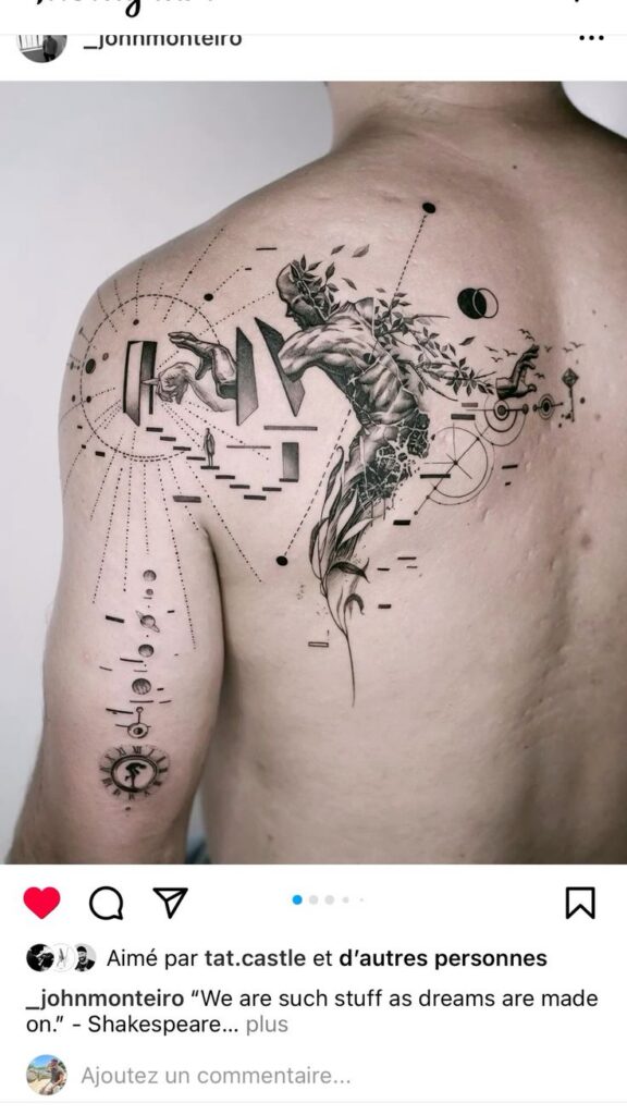 Graphic tattoo lưng vai với figure phân mảnh và hình học trừu tượng