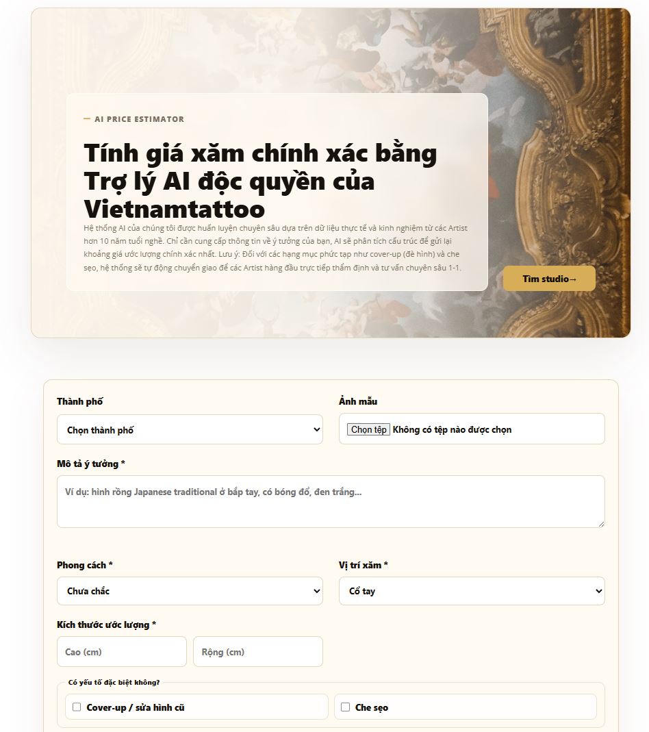 Screenshot thật của công cụ AI tính giá