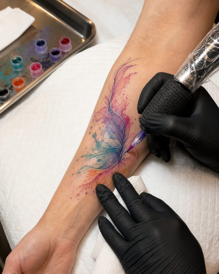 Xăm Watercolor: màu loang, đường viền & chăm sóc dài hạn