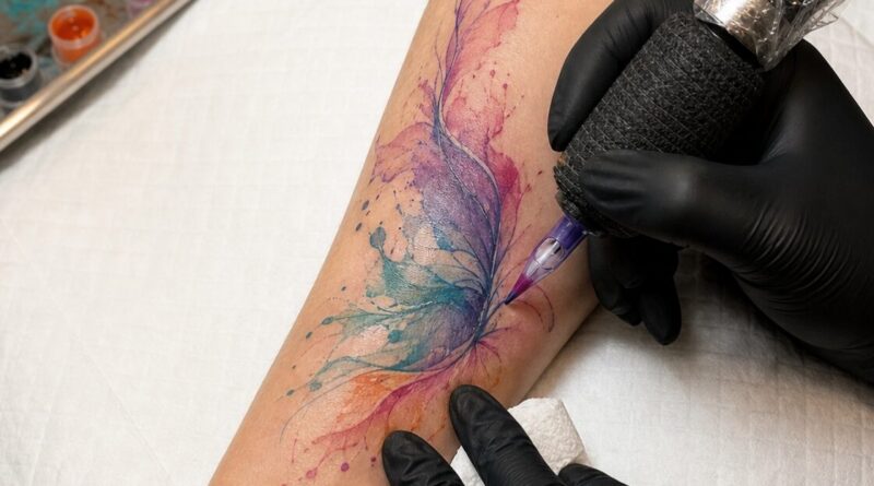 A vibrant watercolor tattoo on the forearm showing color blending and soft edges.