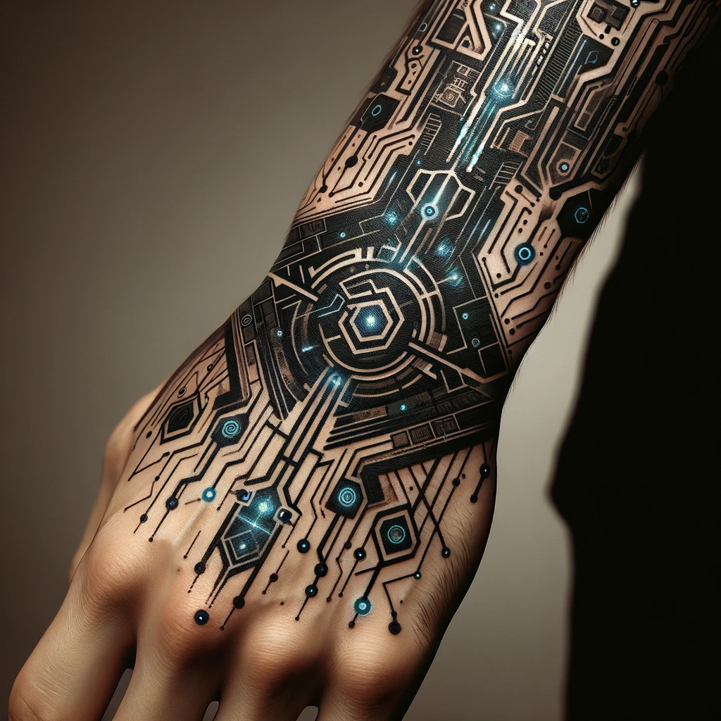 A cyber sigilism tattoo on the inner forearm, displayed in a clean, modern tattoo studio.