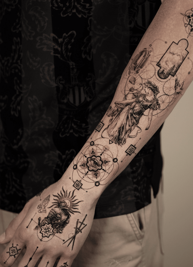 A delicate fine line tattoo on the inner forearm, showing crisp, thin lines.