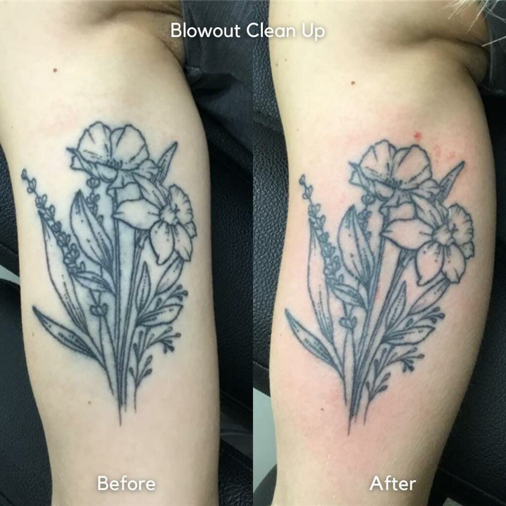 So sánh đường nét xăm sạch (trái) và đường bị blowout (phải) để minh họa sự khác biệt.
