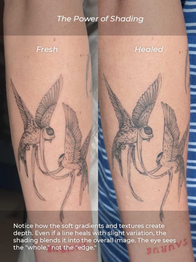 Nghệ sĩ đặt stencil chân dung realism lên cánh tay khách hàng.