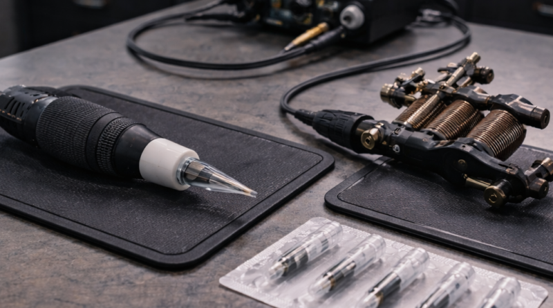 Clean and organized tattoo studio workspace with multiple machines ready for work